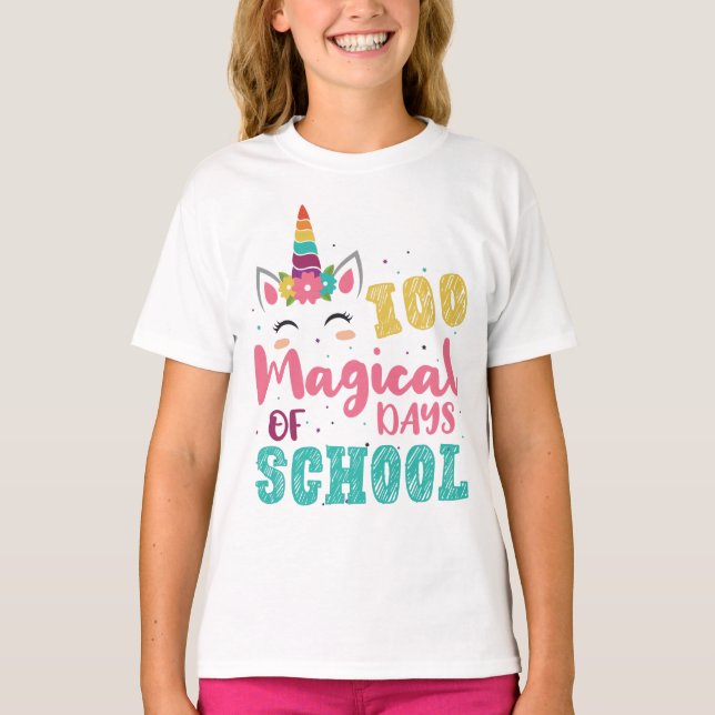 Camiseta 100 Mágicos Días Escolares De Amantes De Unicornio (Anverso)