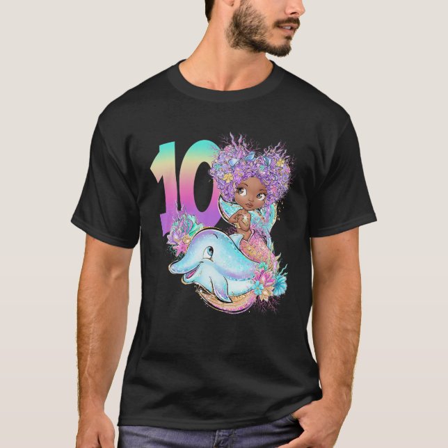 Camiseta 10.ª sirena de cumpleaños Diez Chicas Negros Mágic (Anverso)