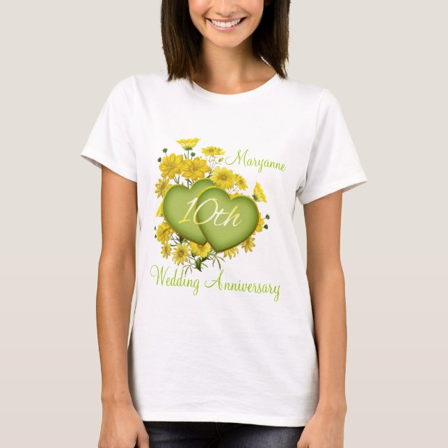 Camiseta 10.º Boda Aniversario Fiesta Wildflower Hearts (Anverso)