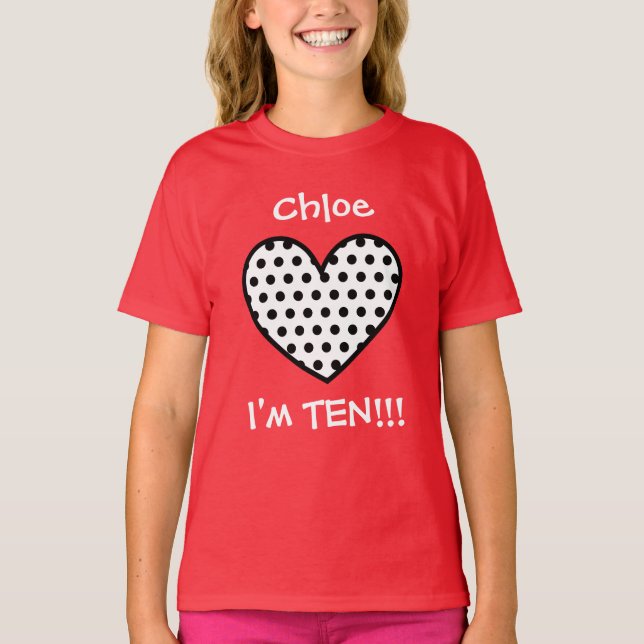 Camiseta 10.º corazón de polka de cumpleaños W01P (Anverso)