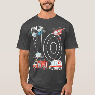 Camiseta 10.º cumpleaños Camión de bomberos auto de policía