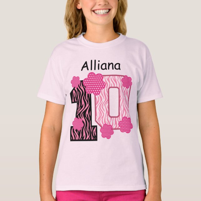 Camiseta 10.º Nacimiento Nombre personalizado de cebra rosa (Anverso)