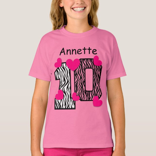 Camiseta 10.º Nacimiento Nombre personalizado de cebra rosa (Anverso)