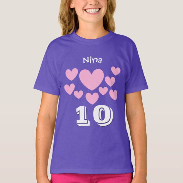Camiseta 10mo Número grande V05 de los corazones del rosa (Anverso)