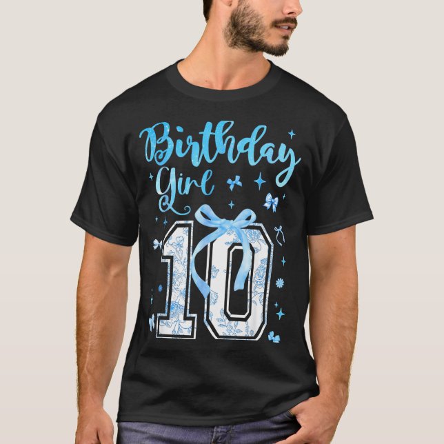 Camiseta 10th Birthday Girl Blue Toile Coquette Bow 10 Year (Anverso)