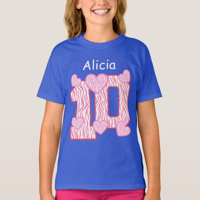 Camiseta 10th Birthday Zebra PINK Hearts Custom Name 6 (Anverso)