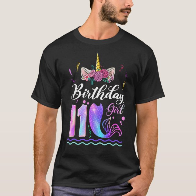 Camiseta 11.ª Chica de cumpleaños Unicornio, sirena de 11 a (Anverso)