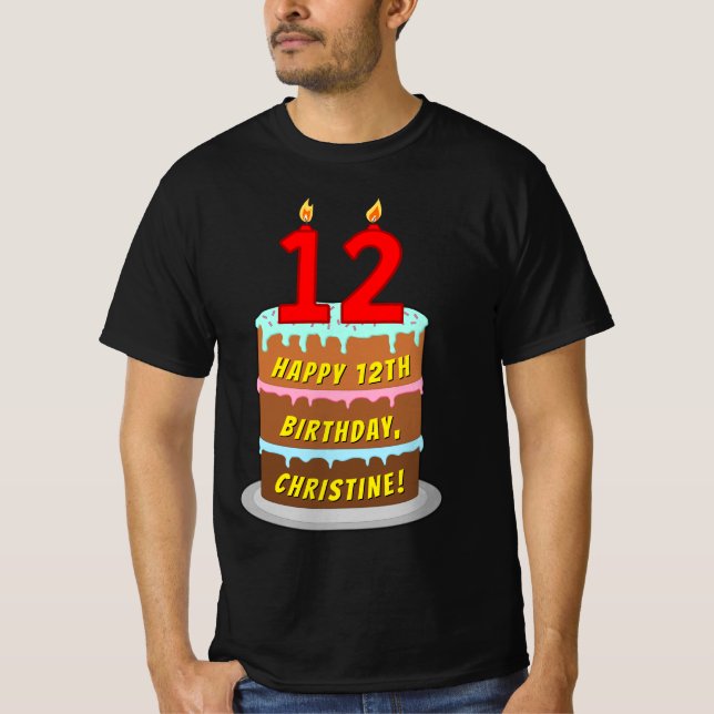 Camiseta 12º cumpleaños — Torta divertida y velas, con nomb (Anverso)