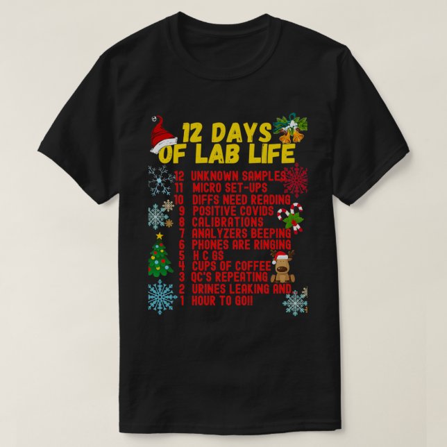 CAMISETA 12 DÍAS DE LABORATORIO MÉDICO DE NAVIDADES DE VIDA (Diseño del anverso)