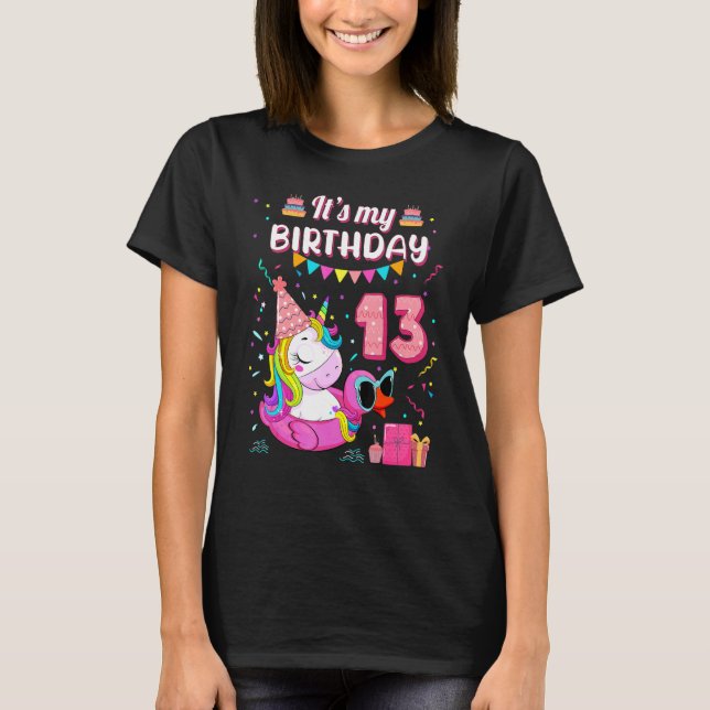 Camiseta 13.ª Chica de cumpleaños Unicorn Piscina de pato 1 (Anverso)