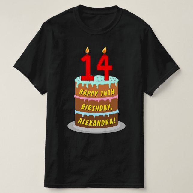 Camiseta 14 cumpleaños — Torta divertida y velas, con nombr (Diseño del anverso)