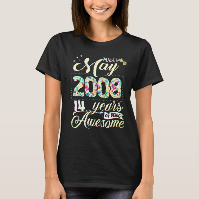 Camiseta 14th Birthday Floral  For Womens Born In May 2008 (Anverso)