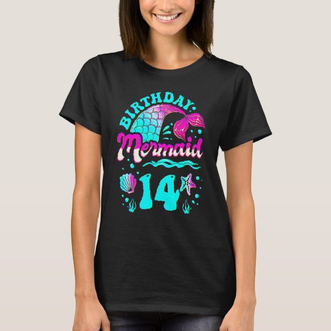 Camiseta 14th Birthday Mermaid 14 Years Ocean Theme Party F (Anverso)