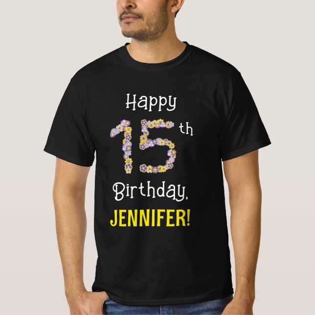 Camiseta 15º cumpleaños: Flores florales número "15" + nomb (Anverso)