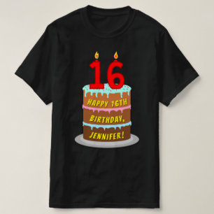 Camiseta 16º cumpleaños — Torta divertida y velas, con nomb