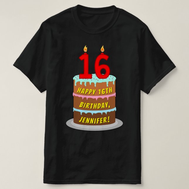 Camiseta 16º cumpleaños — Torta divertida y velas, con nomb (Diseño del anverso)