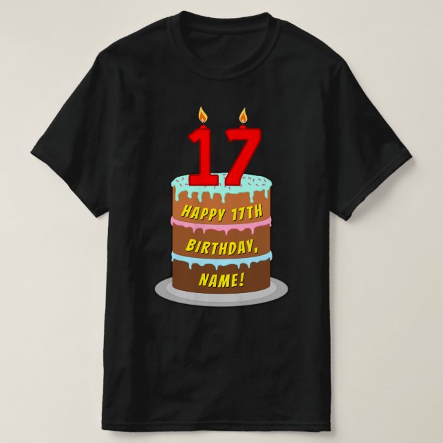 Camiseta 17 cumpleaños — Torta divertida y velas, con nombr (Diseño del anverso)