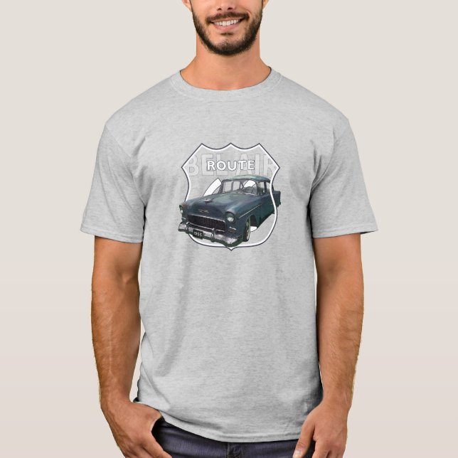 Camiseta 1955 Chevrolet Bel Air. 55 Blue Chevy. Ruta 66. (Anverso)