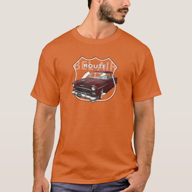 Camiseta 1955 Chevrolet Bel Air. Americano Chevy Rojo de 19 (Anverso)