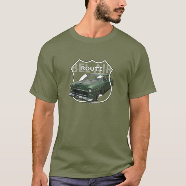 Camiseta 1955 Chevrolet Bel Air. Chevy verde 55. Americano. (Anverso)