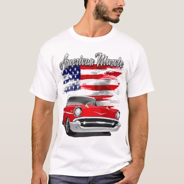 Camiseta 1957 Músculo Rojo y Blanco Americano Chevy Bel Air (Anverso)