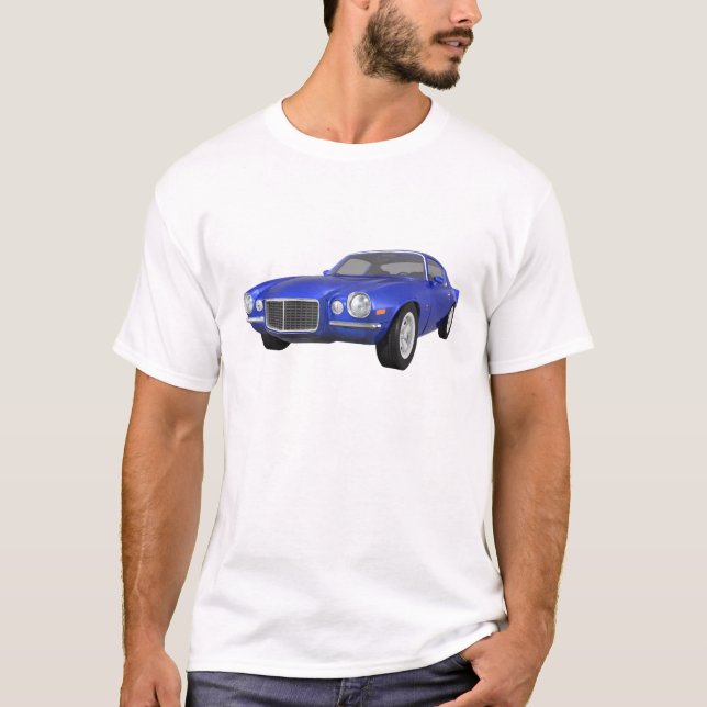 Camiseta 1972 Camaro Z28: Coche muscular: Fin azul: (Anverso)