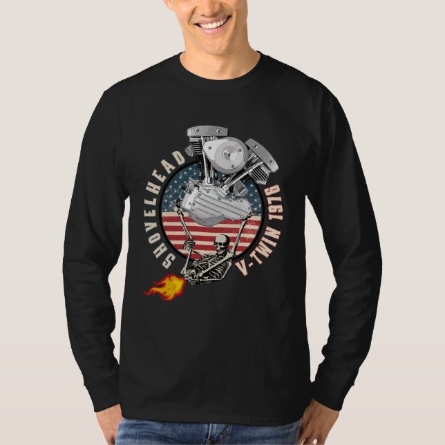 Camiseta 1976 HD Shovelhead VTwin Flame Farting Motorcycle  (Anverso)