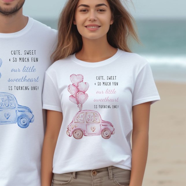 Camiseta 1.ᵉʳ cumpleaños Globos rosados de San Valentín y a (First Birthday Parent T-shirts - from my Car and Balloons Valentine Birthday Collection)
