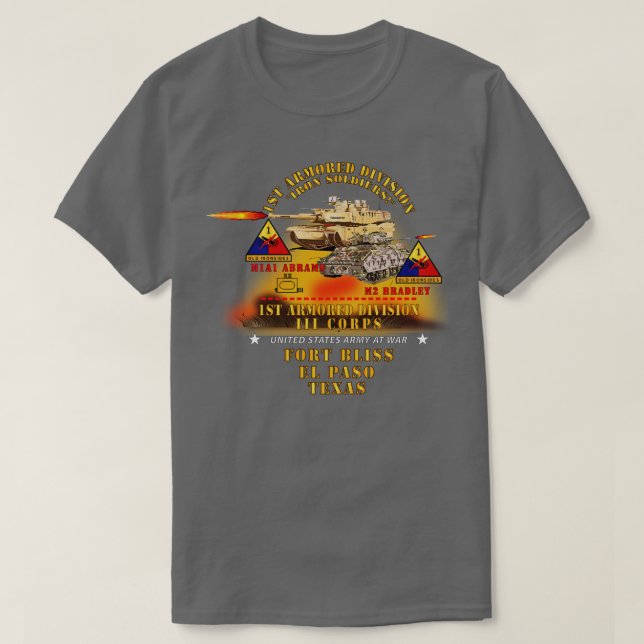 Camiseta 1 División blindada Ft Bliss TX M1 M2 w Fuego X (Diseño del anverso)