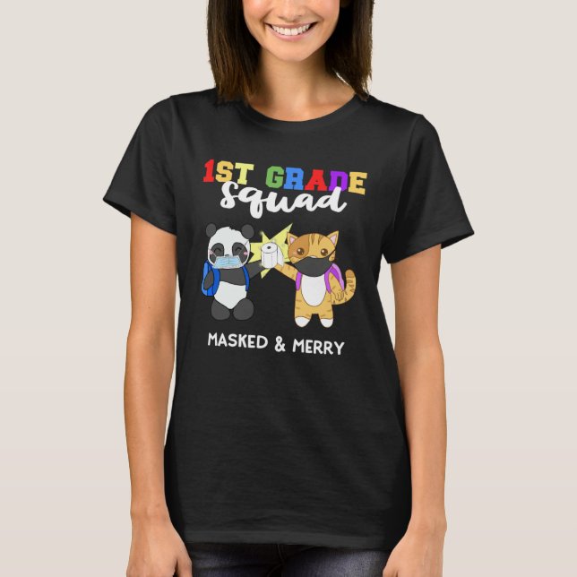 Camiseta 1st Grade Squad Quarantine Panda Kitty  Mask Quote (Anverso)