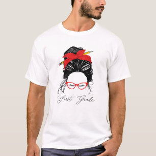 Camiseta 1St Grade Teacher Back To School Messy Bun Women 2