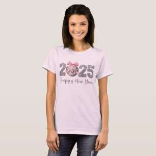 Camiseta 2025 Feliz Año Nuevo Disco Ball Rosa