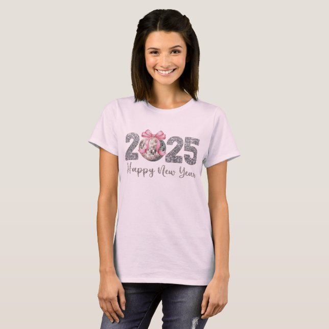 Camiseta 2025 Feliz Año Nuevo Disco Ball Rosa (Anverso completo)