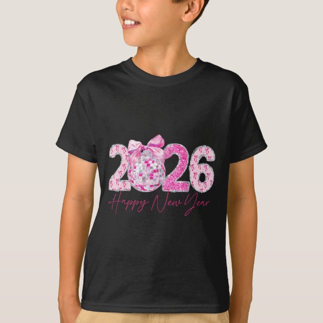 Camiseta 2026 Happy New Year Bow Patch Disco Ball  (Anverso)