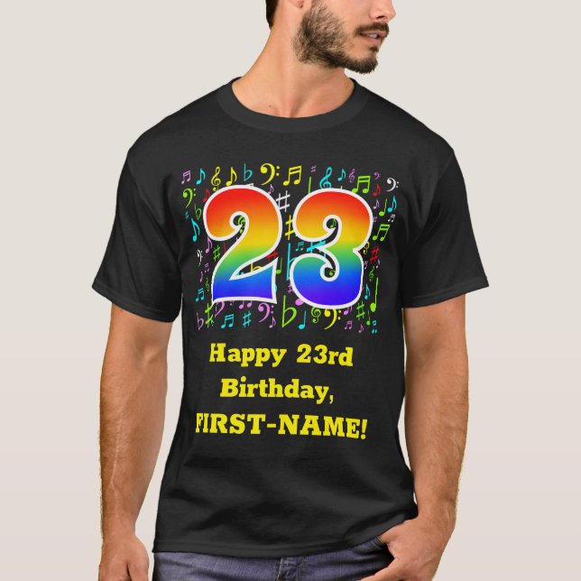 Camiseta 23° cumpleaños: Símbolos musicales coloridos, arco (Anverso)