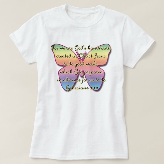 Camiseta 2:10 de Ephesians, mariposa del verso de la biblia (Diseño del anverso)