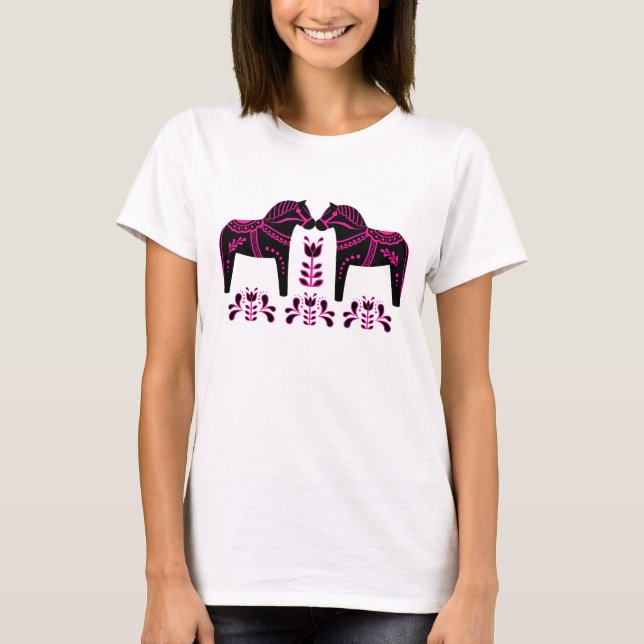 Camiseta 2 Caballos de dala popular, frisón negro/rosa/folc (Anverso)