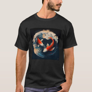 Camiseta 2 Koi Pescado nadando en una ola de estilo japonés