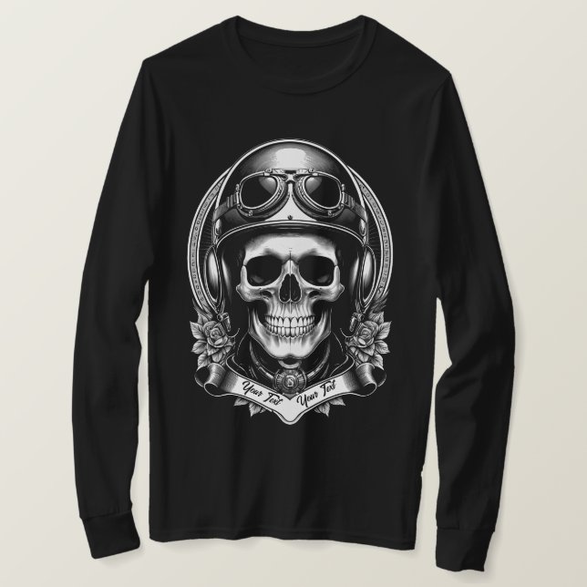Camiseta 2 Sided Custom Biker Skull Motorcycle Long Sleeve (Anverso del diseño)