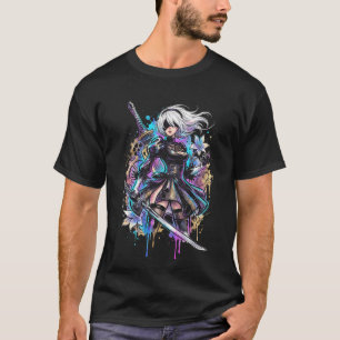 Camiseta 2B NieR Vaporwave Ola Retro Gradiente Rosa Azul Po