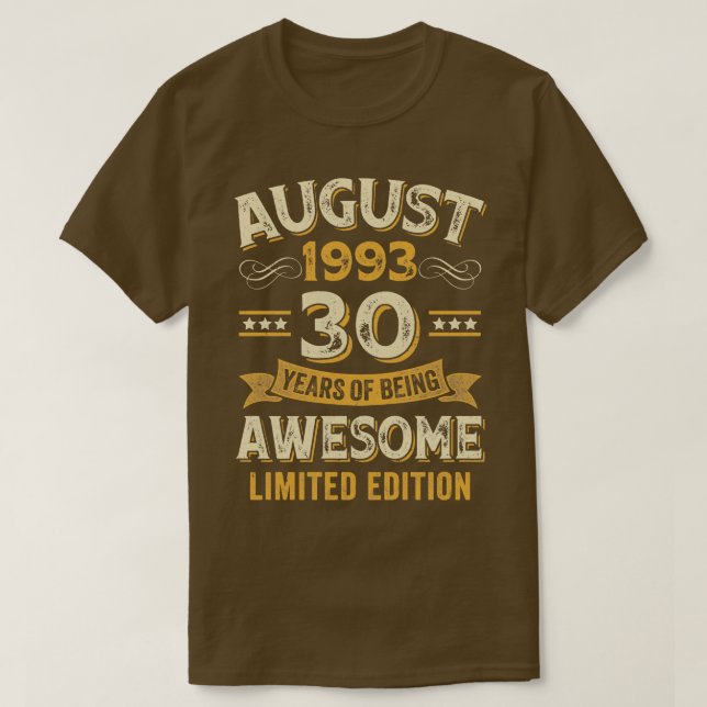 Camiseta 30 años de antigüedad Agosto 1993 30º cumpleaños (Diseño del anverso)