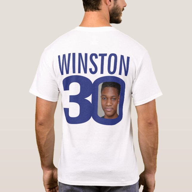 Camiseta 30 cumpleaños nombre personalizado y foto azul bla (Reverso)