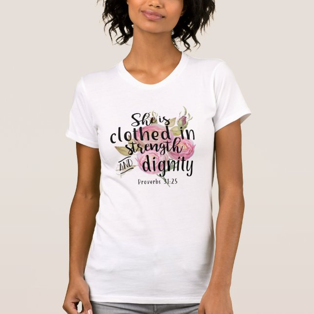 Camiseta 31:25 de los proverbios la visten en fuerza (Anverso)