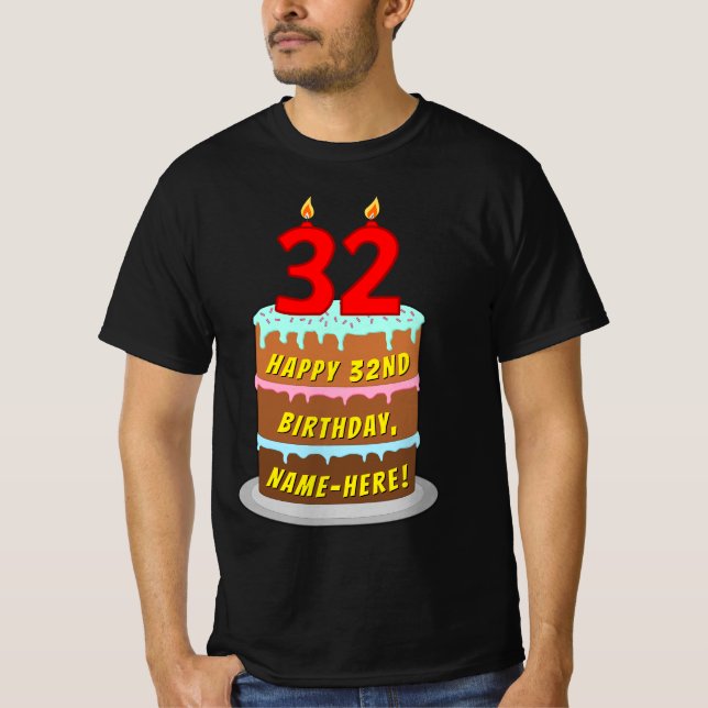 Camiseta 32º cumpleaños — Torta divertida y velas, con nomb (Anverso)