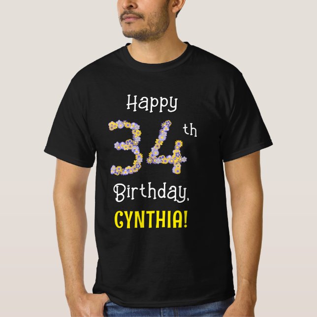 Camiseta 34º cumpleaños: Flores florales número "34" + nomb (Anverso)