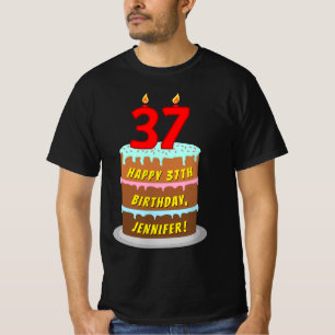 Camiseta 37º cumpleaños — Torta divertida y velas, con nomb
