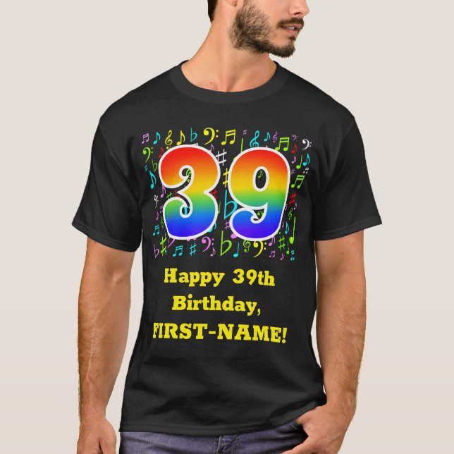 Camiseta 39º cumpleaños: Símbolos musicales coloridos, arco (Anverso)