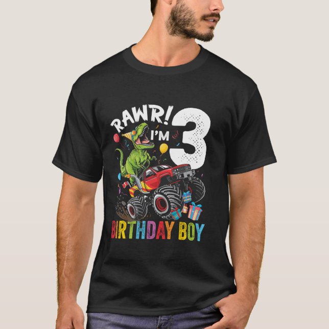 Camiseta 3.ᵉʳ cumpleaños Monstruo de Dinosaurio Truck Long  (Anverso)