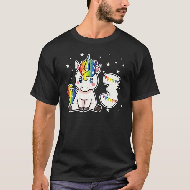 Camiseta 3.ᵉʳ cumpleaños Unicornio, Fiesta arcoiris 1 de 3  (Anverso)