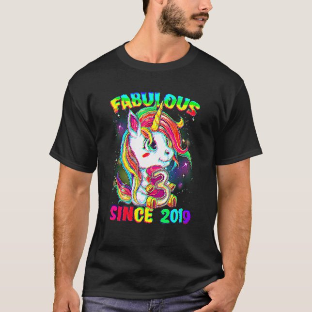 Camiseta 3 años, tercer cumpleaños, unicornio Chica Fabulou (Anverso)